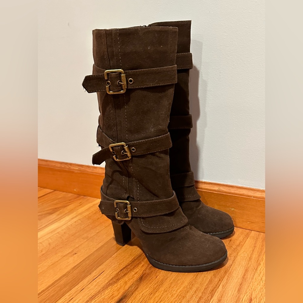 Brown faux suede heeled boots with buckles, Charlotte Russe, size 7